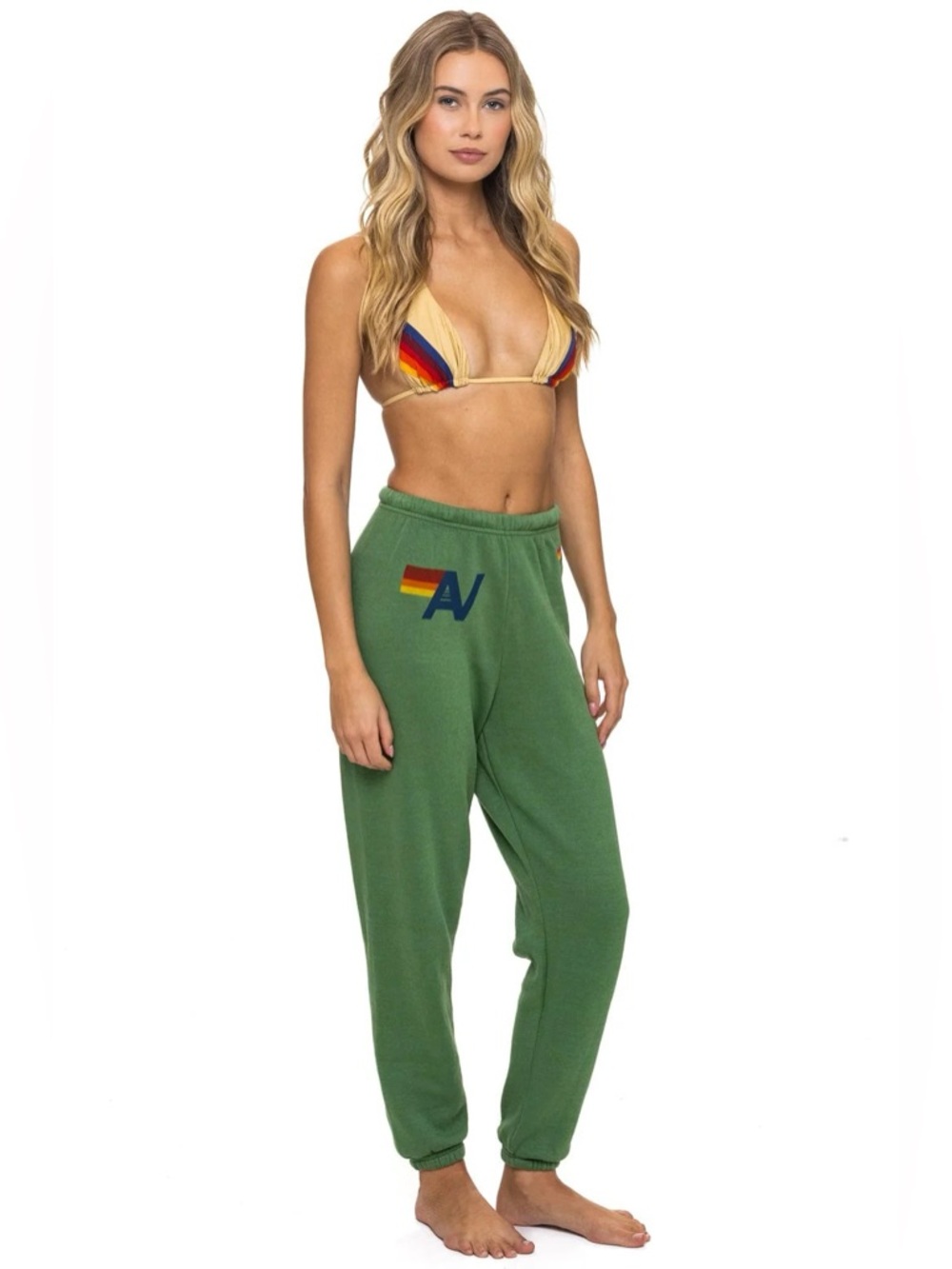 Aviator Nation Green Joggers with Rainbow Detail